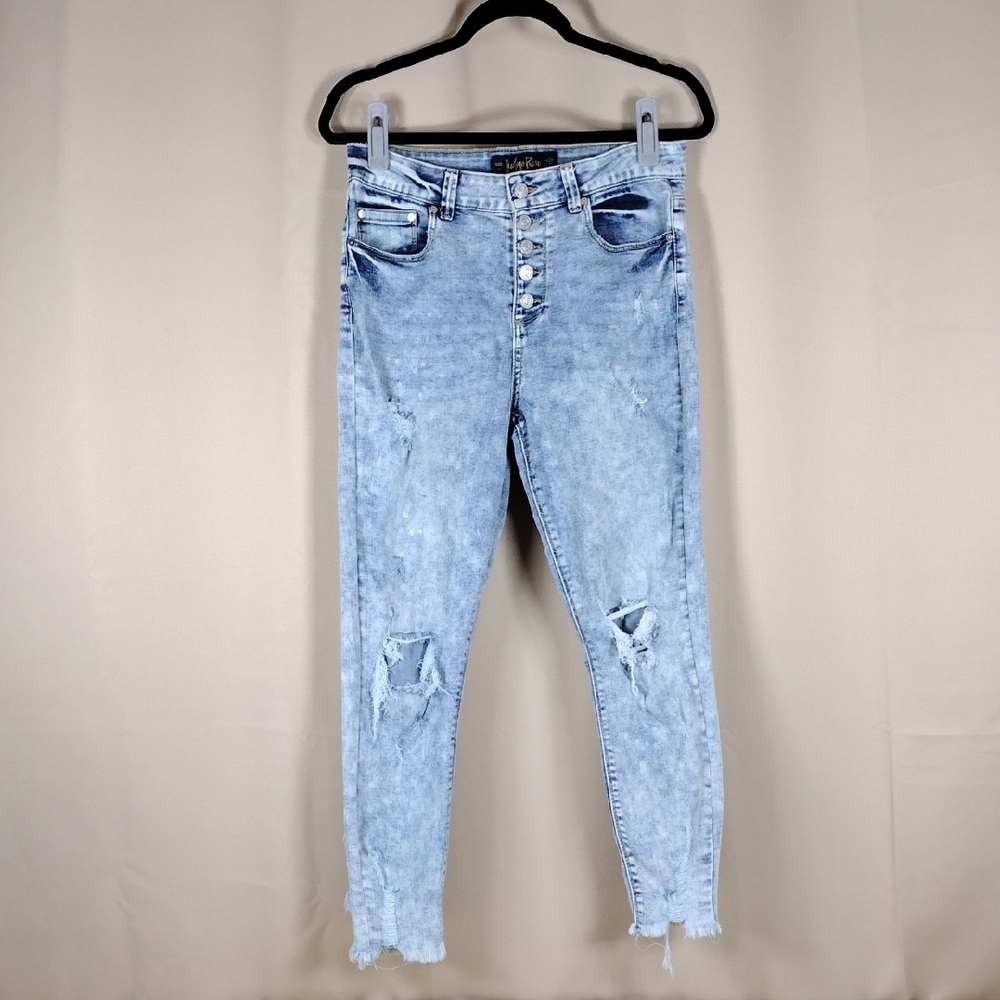 Indigo Rein Juniors' Mid Rise Button Fly Distressed Cropped Light Blue Jeans